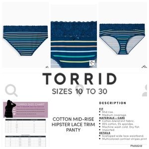 🌟🌟🌟Torrid 5 plus size striped cotton mid rise hipster lace trim panty NWT